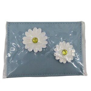 Swarovski Solid Blue Leather Yellow Crystal Daisy Flower Floral Card Holder NEW